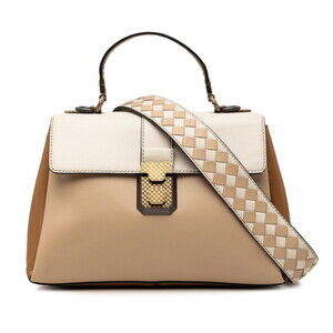 Bottega Veneta Small Piazza Handbag Shoulder Bag 2-Way Beige Brown White Leat...